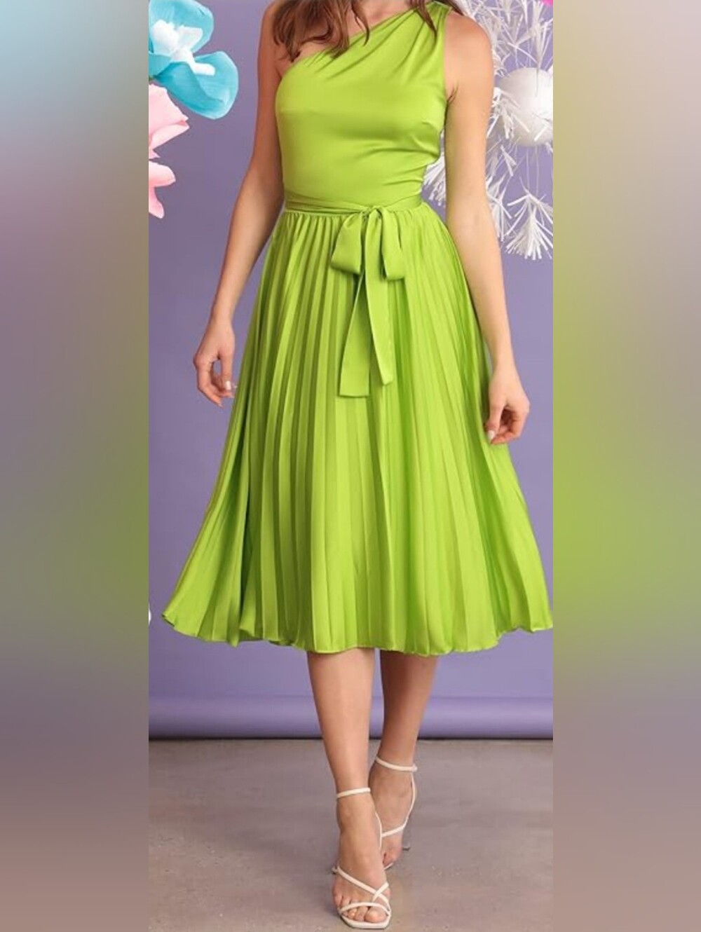 Maggy London Lime Green 1-Shoulder Pleated Midi Dress, Fabric Tie-waist, S:2 NWT